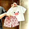 Conjunto de Top de Cuello Redondo + Pantalones de Patito Amarillo para Niños, Lindo, Manga Corta, Pantalones Cortos, Holgado, Versátil, Atuendo Infantil