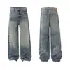 N9746 Calle Principal Americana Unisex Retro Gama Alta Patrón Bigotes de Gato Diseño Lavado Rey de la Vaca Jeans Sueltos para Hombre