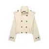 Casaco jaqueta trench coat curto versátil de outono novo estilo europeu e americano para mulheres, de manga comprida, com gola alta plissada