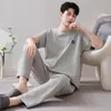 Pijama de Verano para Hombre, Pantalón Corto de Algodón Puro de Manga Corta, Suéter de Cuello Redondo, Delgado, Sencillo, Casual, Se Puede Usar Afuera, Conjunto para Estar en Casa