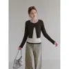 Conjunto Duas Peças LiLvi Cor de Café Cardigã Curto Gola Redonda Manga Longa com Listras Camisola Feminino Outono Retrô Slim Fit