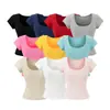 Top Elástico de Manga Corta con Cuello en U Ajustado a la Cintura Estilo Chica Picante Verano Estilo Manga Figura Favorecedora Rayón Hombro Normal Camiseta para Mujer Puro Deseo Ajustado