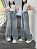 Calças Jeans Wide-Leg para Meninas Primavera e Outono Novo Estilo Hot Drilling Soltas de Perna Reta Crianças de Tamanho Médio e Grande Estilo Coreano Tendência Calças Longas