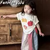 [Casa Rosa] Conjunto para Niñas Nuevo Elegante Estampado de Dibujos Animados Manga Corta Color Bebé Pantalones Anchos