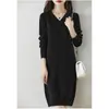 Vestido de Tricô Longo Médio Cor Sólida Estilo Coreano Outono/Inverno Gola V Suéter Pulôver Peça Única Casual Solto