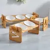 Estante de Comida para Gatos de Bambú con Tazones de Cerámica, Tazón Doble para Comida y Snacks de Gato, Tazón para Perros, Alimentador de Mascotas, Estante de Tazones de Bambú, Tazón para Snacks
