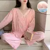 Pijama Derong para Mujer con Almohadillas para el Pecho Otoño e Invierno Nuevo Estilo Coreano Dulce Sencillo de Manga Larga Engrosado Cálido Conjunto de Ropa para el Hogar