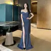 Vestido Largo Azul de Un Hombro Brillante de Cintura Alta con Abertura Estilo Sirena para Anfitriona de Fiesta Banquetes Ajustado Ropa para Mujer