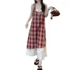 Vestido Sling de Cuadros con Cordones Estilo Vacacional para Mujer Primavera Nuevo Falso Dos Piezas Costuras en Color Contraste Elegante Falda Midi