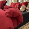 Estilo Coreano Femenino Rosa Cereza Encaje con Cordones Lazo Algodón Puro Juego de Cuatro Piezas Temporada de Regreso a Clases Juego de Tres Piezas para Sábana de Cama de Dormitorio y Funda de Edredón