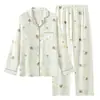 Pijama Sencillo de Algodón de Doble Gasa Japonés para Mujer, Primavera, Otoño, Verano, Delgado de Manga Larga, Se Puede Usar Afuera, Ropa de Casa