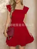 Vestido de Verano Nuevo Color Puro Cuello Redondo Manga Corta Falda de Pastel Plisada Falda Línea A Casual Amazon Europeo y Americano 2025