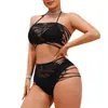 Conjunto sexy de dos piezas de lencería transfronteriza, top de tubo halter con tirantes calados, talla grande, body ajustado sexy con malla calada