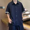 Camisa Casual de Manga Corta de Verano Nueva para Hombre, Imitación de Piel de Vaca Color Original, Camisa Oversize a Cuadros con Bloques de Color, Chaqueta Fresca de Marca de Moda