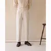 Calças Masculinas de Linho Pesado Slim Fit de Perna Reta com Uma Prega de Cintura Alta para Outono 2024