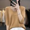 Ropa de primera línea manga tres cuartos todo partido color liso top refinado tipo lana para mujer primavera y verano cuello V jersey calado camiseta fina
