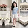 2026 Chal Rayado Manga Corta Estilo Coreano Dulce Adornado con Encaje Falda Corta Tipo Pastel Moda Conjunto de Dos Piezas Suave