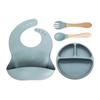 Conjunto de Talheres de Silicone para Crianças, Conjunto de Alimentação para Bebê de 4 Peças com Garfos e Colheres de Cabo de Madeira, Babador 3D para Alimentação de Mãe e Bebê