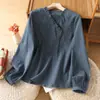 Foto Real de Camisa a Cuadros Azul de Algodón Puro para Mujer, Diseño de Manga Larga, Elegante Ropa de Otoño, Nuevo Modelo 2026, Elegante Top de Otoño