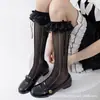 Calcetines Lolita de Encaje para Mujer Verano Delgados Doble Capa con Lazo de Encaje Calcetines hasta la Pantorrilla Medias de Longitud Media Jk