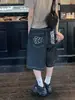 Shorts Jeans Bordados Vintage Plus Size para Mulheres, Estilo Verão, Vibe Streetwear Americana, Shorts Retos de Perna Larga Soltos de Cinco Pontos de Comprimento Médio