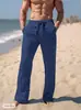 Pantalones de Algodón y Lino para Hombre Pantalones de Verano Pantalones de Playa Cordón Cintura Elástica Rectos Planos Cómodos Transpirables Casual