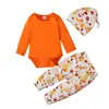 Ropa de bebé de tres piezas para niña, estilo europeo y americano, para primavera y otoño: mameluco triangular de manga larga + pantalones con estampado de frutas + gorro, estilo ins