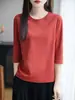 Camiseta de Algodão Penteado com Gola Redonda e Manga Três Quartos para Mulheres, Novo Estilo Primavera e Outono, Camiseta Base de Algodão Casual Elegante, Top Interno Respirável