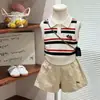 Roupas Infantis Estilo Coreano 2026 Verão Novo Modelo Estilo Academia Infantil Color Block Listrado Bordado Gola Polo Tricô Colete Shorts