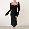 YJ24352 Outono 2024 Nova Saia de Quadril Estilo Europeu e Americano Elegante Decote Manga Longa Cinto Fino Ajuste ao Corpo Vestido Feminino