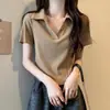Camiseta tipo Polo de Algodón Puro Color Caramelo Manga Corta Cuello en V para Mujer Sencilla de Verano Adelgazante Favorecedora Hombro Normal Estilo Camiseta Top de Media Manga