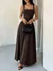 Vestido largo de tirantes, cuello cuadrado plisado, estilo europeo y americano, de cintura alta, fruncido, con bajo amplio, fluido, entallado, elegante