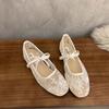 ¡Pequeño suave! Zapatos de tacón bajo estilo francés suaves para la noche de mujer, primavera, con lazo, de malla y encaje, estilo ballet Mary Jane