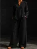 Nuevo conjunto de dos piezas de mujer color liso minimalista para el otoño de 2026, exclusivo transfronterizo: top transpirable con cuello en V + pantalones casuales de moda
