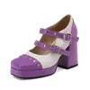 Sapatilhas Color Block com Tira de Rebite para Mulheres, Bico Quadrado, Sola Grossa, Salto Alto Bloco, Sapatos Mary Jane, Tamanho 33-48, Sapatos de Exportação