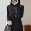 Outono/Inverno 2026 Novo Tricô de Gola Alta Manga Longa Feminino Cor Sólida Strass Hot Fix Miçangas Solto Camada Base Top