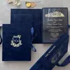 Cajas de Regalo de Terciopelo Azul Oscuro Hechas a Medida al por Mayor, Invitaciones de Boda de Terciopelo de Lujo, Tarjetas de Boda, Empaque Universal