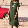 Ropa de mujer ebay comercio exterior vestido con abertura pliegues divididos Amazon europeo y americano color único cuello redondo manga corta mujer