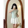 ChenlingPrecio Real Original Algodón Arrugado Doble Cara Verde Menta Camiseta de Manga Corta Verano Diseño de Top Hombros Descubiertos