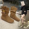 Botas Curtas com Pingente Étnico Vintage para Mulheres 2025 Novas Outono e Inverno Slip-On Bico Redondo Botas Arredondadas Emagrecedoras Botas Curtas