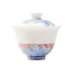 Estilo Dinastía Tang y Song Arcilla de Jade Porcelana Azul y Blanca Peonía Elegante Cerámica para el Hogar Gaiwan Juego de Té Kung Fu Taza de Té Gaiwan de Pared Delgada