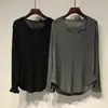 Blusa de Cor Sólida com Decote V para Mulheres, Tamanho Plus, Solta e Fluida, Estilo Preguiçoso, Comprimento Médio, Manga Longa, Blusa de Camiseta Fina para Proteção Solar