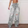 Jeans Rotos Lavados de Cintura Alta de Pierna Recta Versátiles Sueltos de Mezclilla para Mujer Jeans