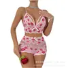 Conjunto de Lencería Sexy Transfronterizo Europeo y Americano Encaje Transparente Bordado Labios Rojos Brasier Shorts Pasión Uniforme