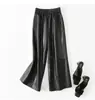 Pantalones de Cuero Genuino Acortados de Pierna Ancha Holgados Estilo Nuevo Piel de Oveja Importada Casual Cintura Elástica Pantalones Harem Adelgazantes Pantalones de Cuero
