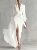 Vestido Elegante Estilo Francés Primavera 2026 Cuello en V Manga Larga Corbata Gasa de Algodón Estilo Suave Vestido de Hada
