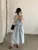 Vestido Largo de Verano 2026 Han Xun Vacaciones Perezosas Manga Acampanada Plisado Cuello en V Cinturón de Corbata Falda Acampanada 26768