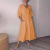 Vestido informal de algodón y lino con escote en V profundo, plisado, color liso y bolsillos, para mujer, de Amazon Independent Station, para otoño, transfronterizo europeo y americano.