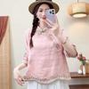 Blusa Feminina de Algodão Novo Estilo Primavera e Outono Vintage Artística Solta Emagrecedora Bordada Decote V Manga Três Quartos Estilo Chinês