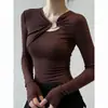 Color Café Único, Hermosa y Hermosa Camiseta de Manga Larga de Otoño para Mujer, Top Base Delgado y Elegante